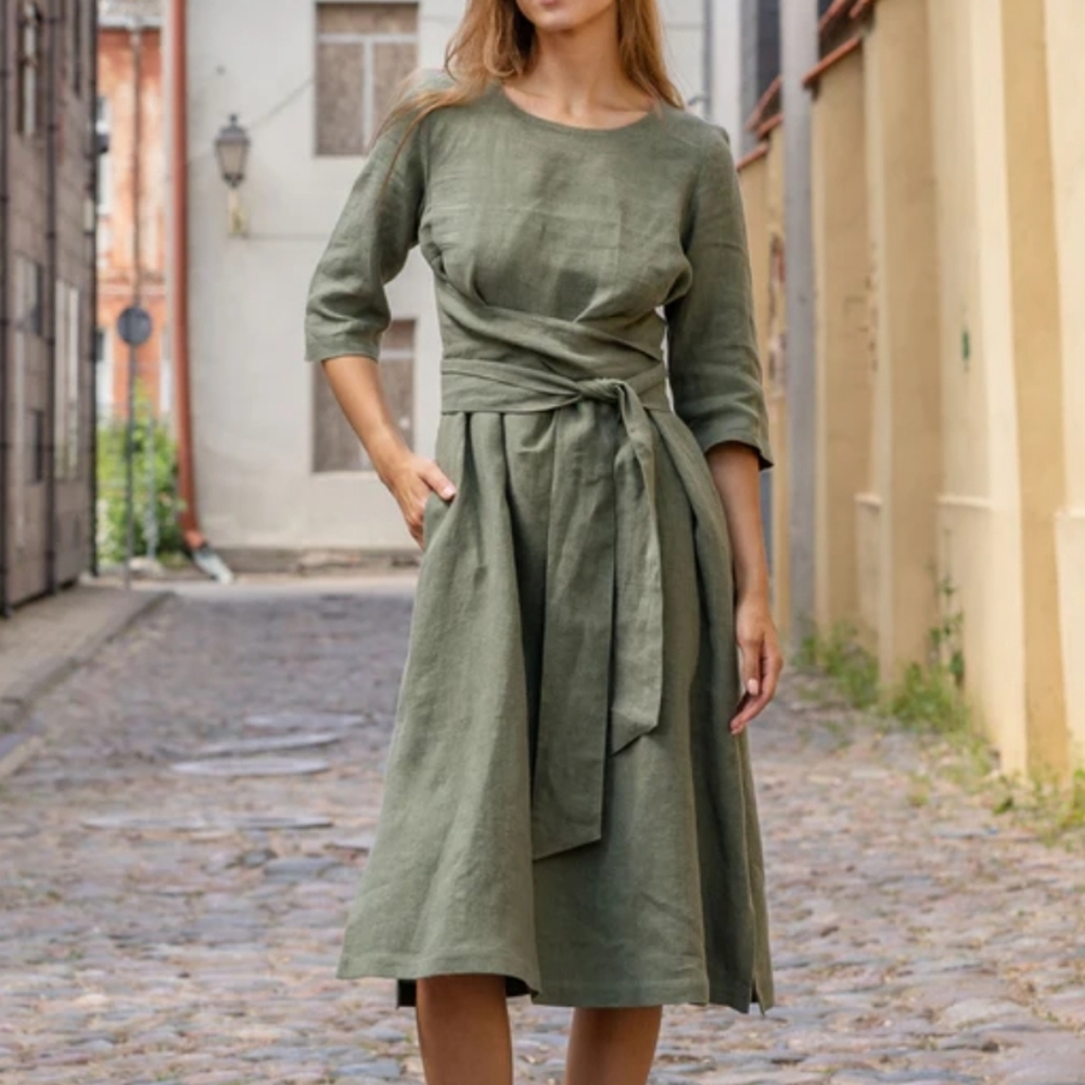 Menique Stone Green Casual 100% Linen Midi Wrap Dress Miley Size XS